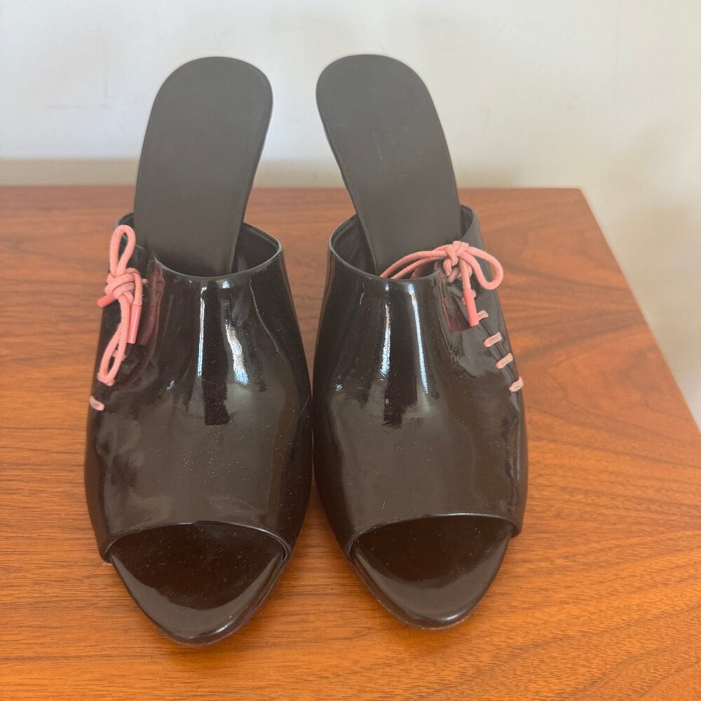 Gucci Heels Black Patent Leather Pink Lace Up Pink Y2K Open Toe Mules 38.5 - Picture 2 of 8